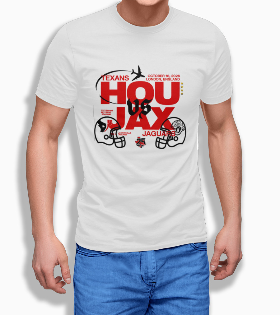 Texans Vs Jaguars London October 2023 NFL Matchup HOU JAX Helmets And Airplane T-Shirt