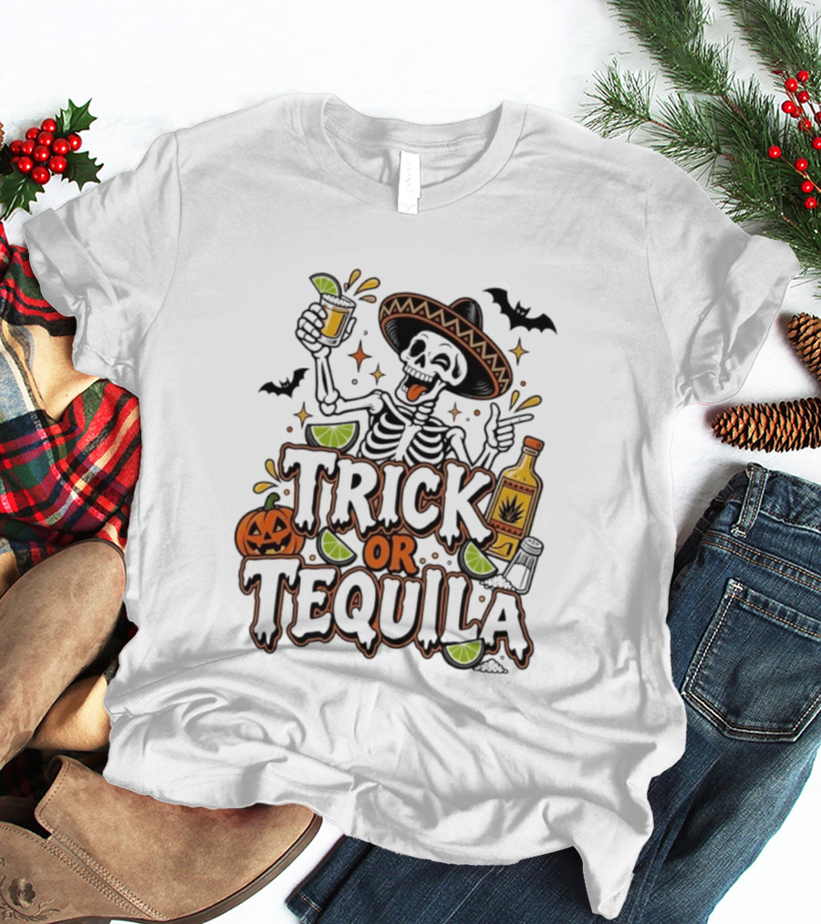 Trick Or Tequila Skeleton Sombrero Halloween Party Pumpkin Bats Lime T-Shirt