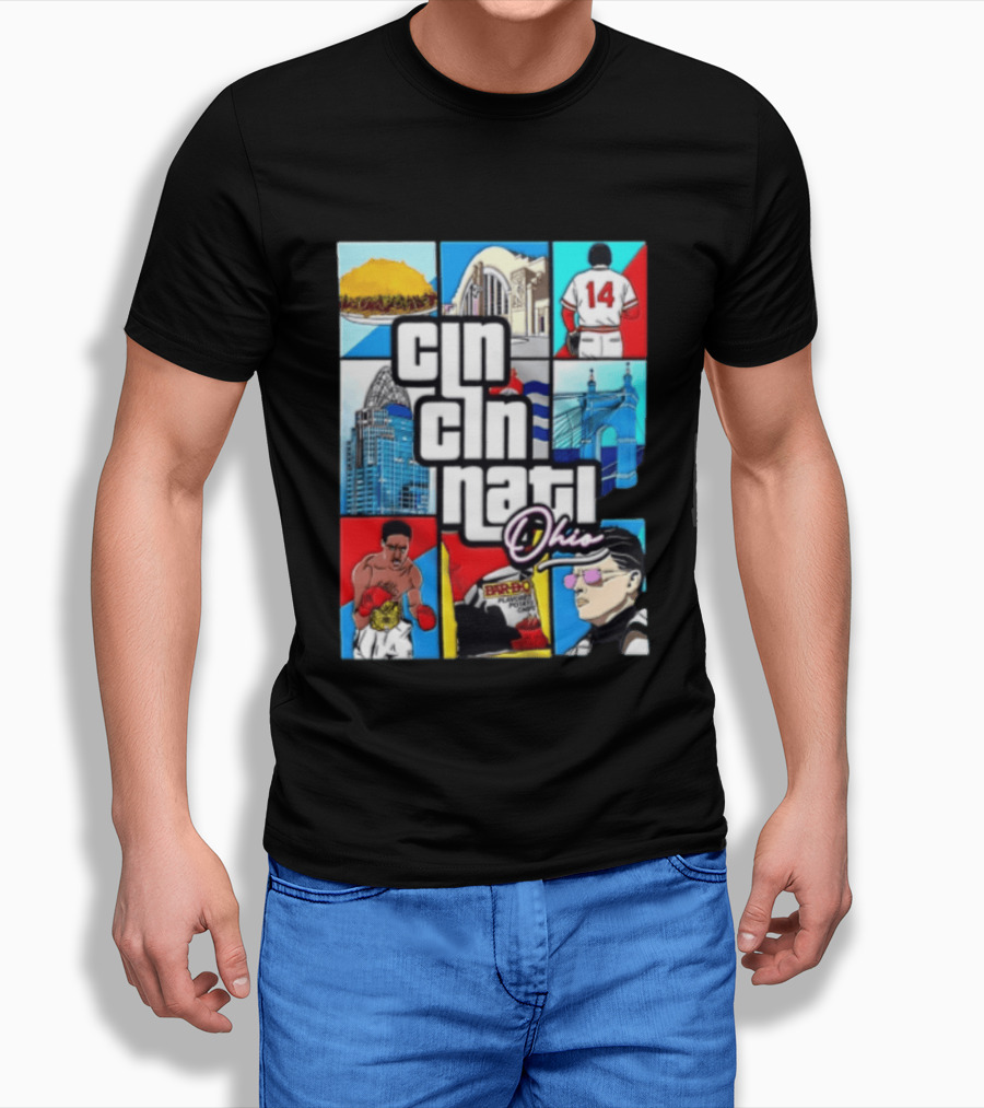 Cincinnati Ohio Landmarks GTA Style Tyler Henderson Alabama NCAA 14 T-Shirt
