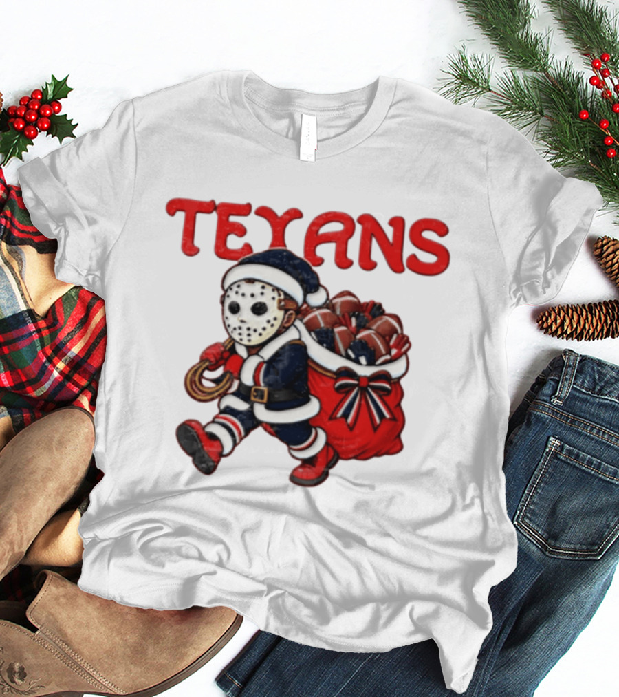 Houston Football Christmas Red And Navy Masked Santa T-Shirt