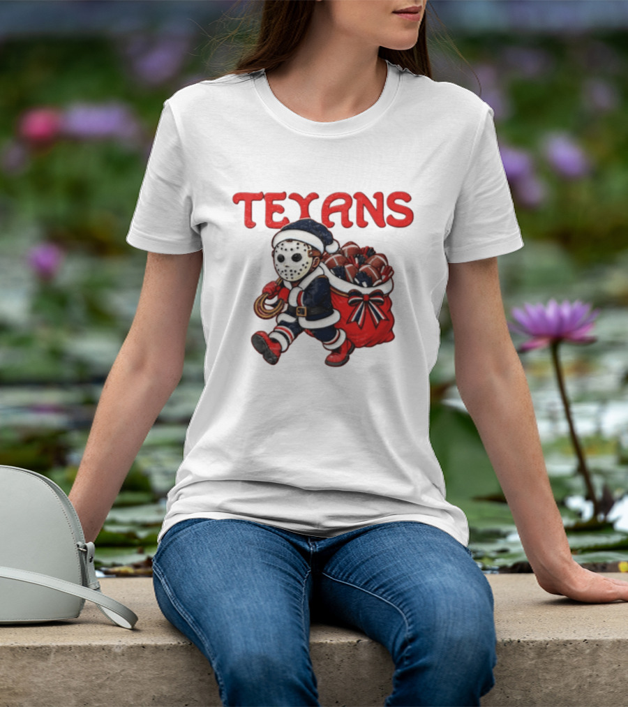Houston Football Christmas Red And Navy Masked Santa T-Shirt