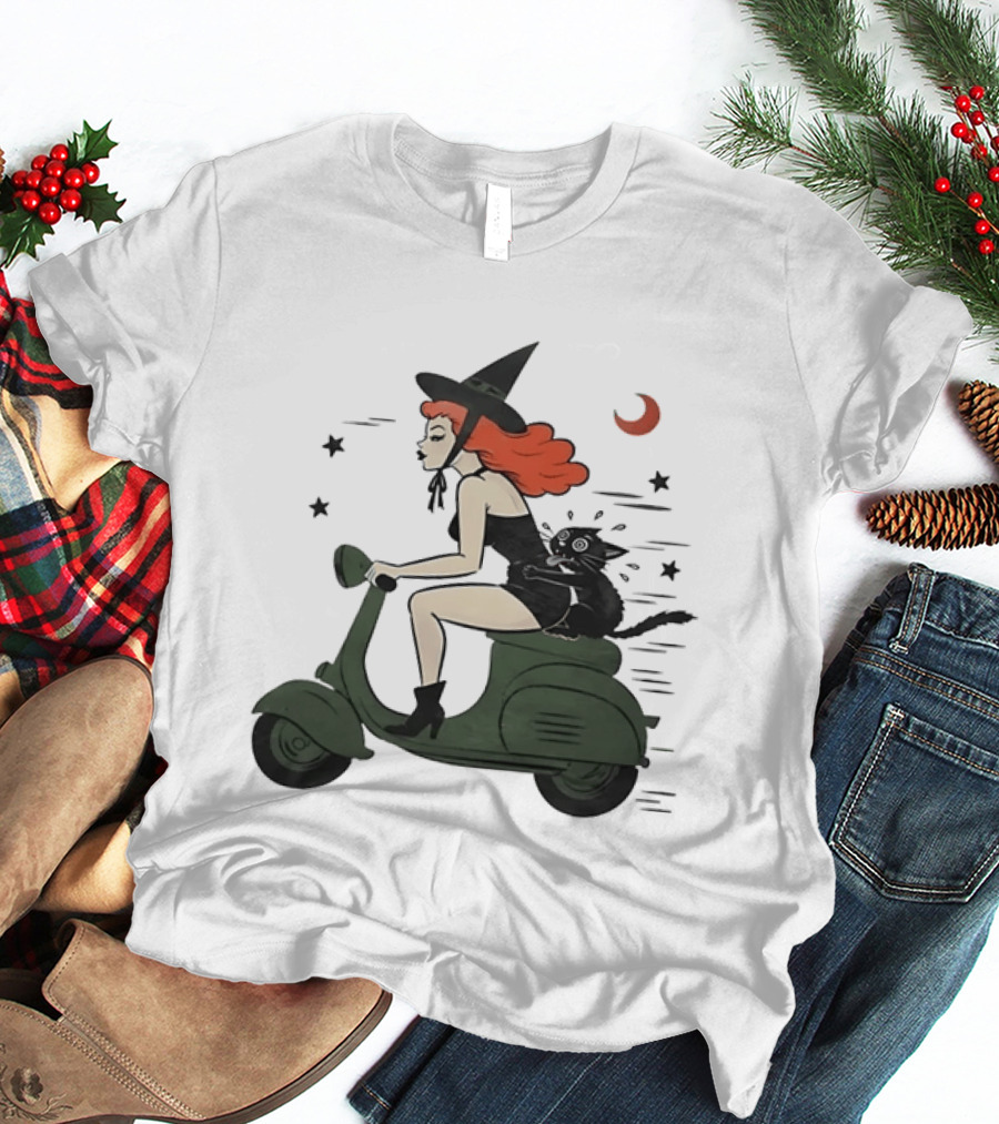 Witch Riding A Scooter With A Cat T-Shirt