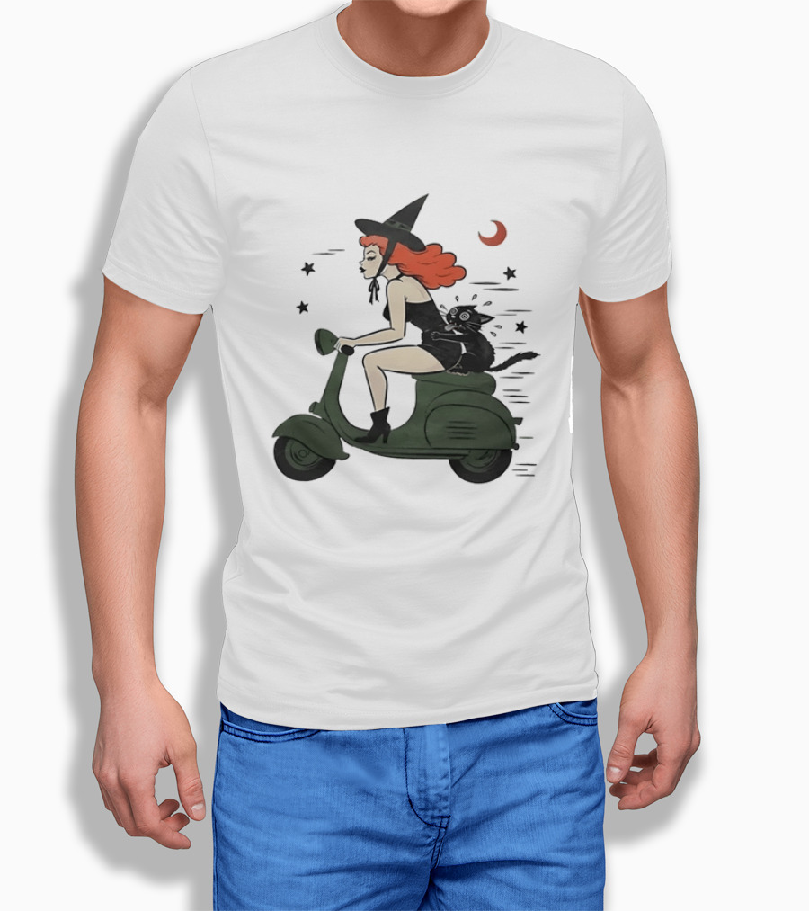 Witch Riding A Scooter With A Cat T-Shirt