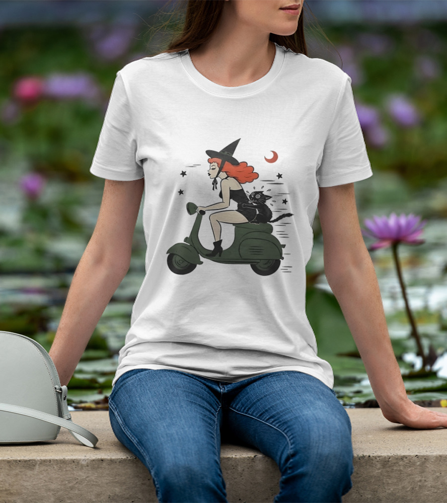 Witch Riding A Scooter With A Cat T-Shirt