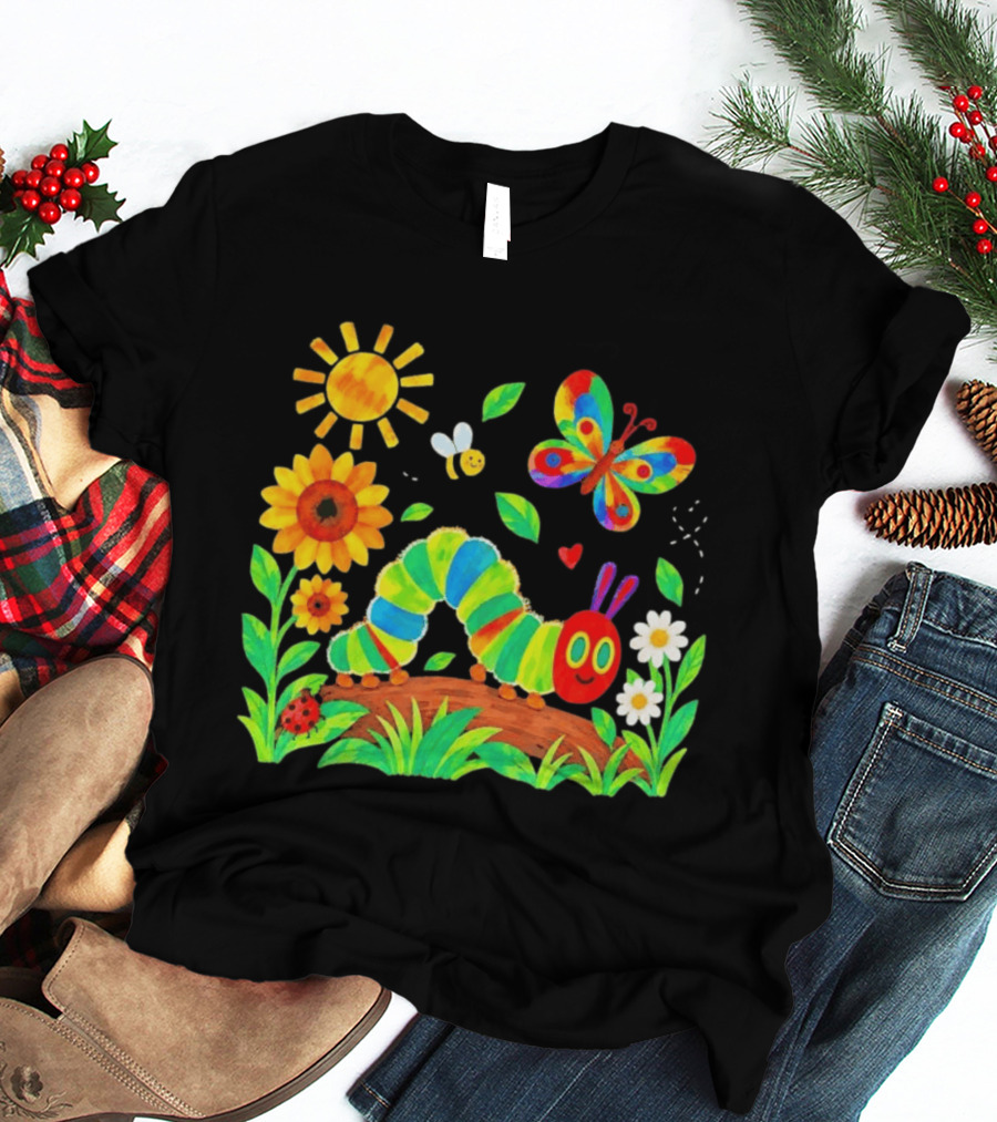 The Very Hungry Caterpillar Colorful Garden With Butterfly And Sunflowers T-Shirt