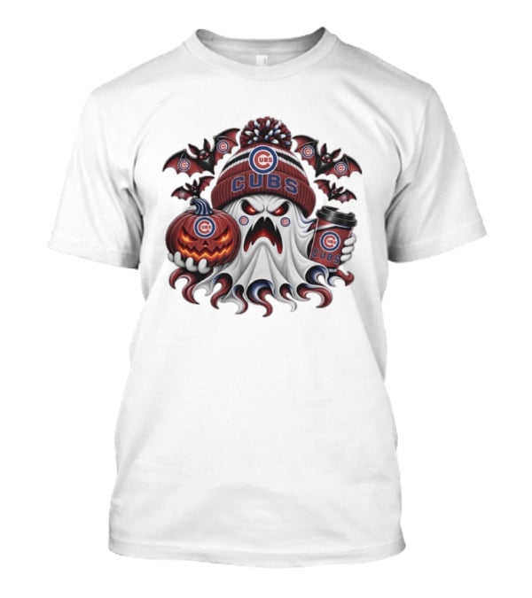 Chicago Cubs Halloween Ghost With Coffee And Pumpkin Bats T-Shirt
