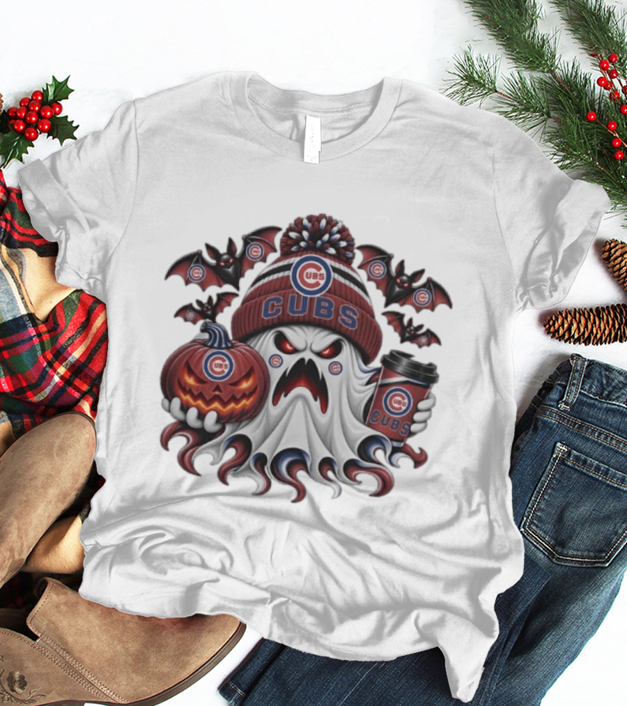 Chicago Cubs Halloween Ghost With Coffee And Pumpkin Bats T-Shirt