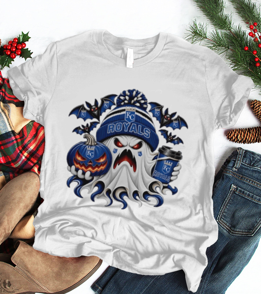 Kansas City Royals Halloween Ghost With Coffee And Pumpkin T-Shirt