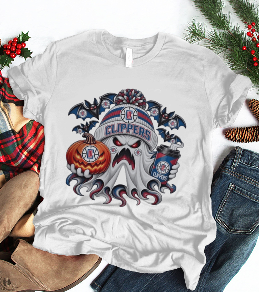 Los Angeles Clippers Spooky Ghost Halloween With Coffee And Pumpkin T-Shirt