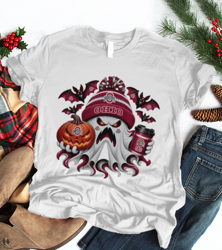 Ohio State Buckeyes Halloween Ghost Coffee Pumpkin Bats Spooky T-Shirt