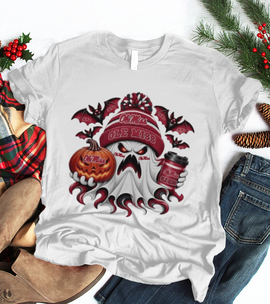 Ole Miss Rebels Halloween Ghost Pumpkin Coffee Spooky Bats T-Shirt