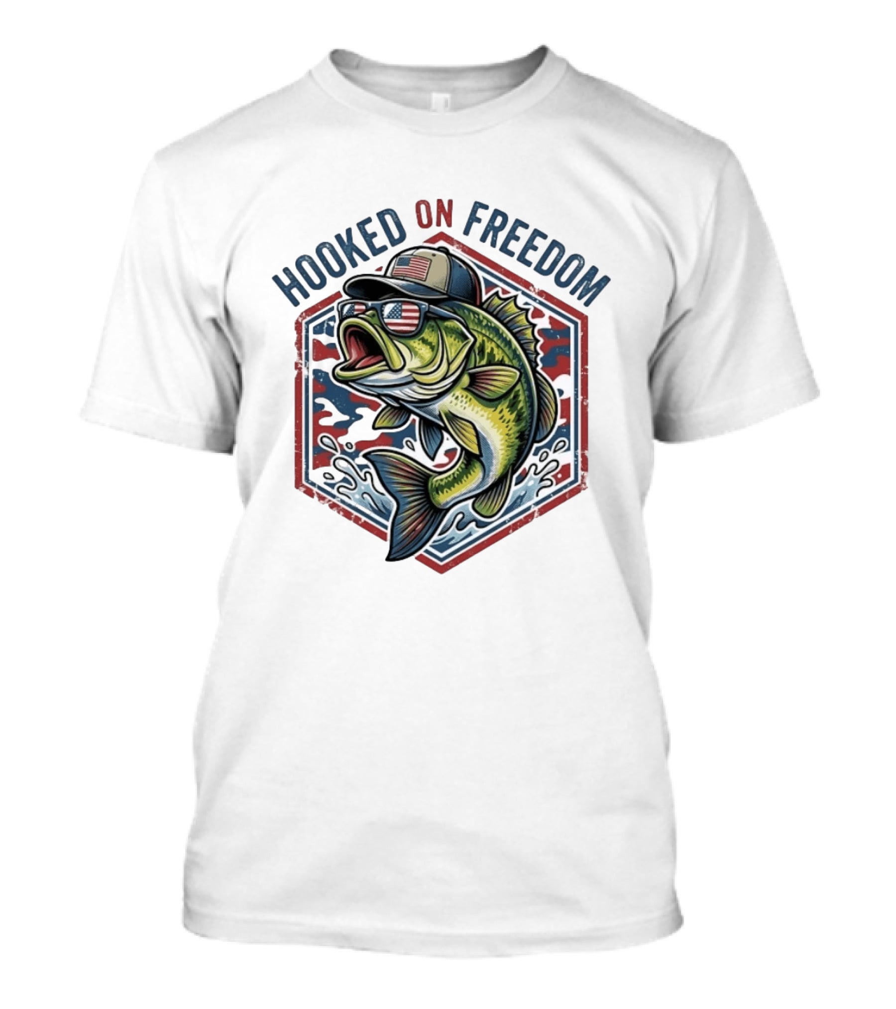 Hooked On Freedom Patriotic Bass Fishing T-Shirt