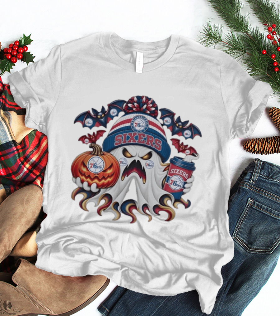 Philadelphia 76ers Spooky Ghost Halloween Coffee Pumpkin Bats T-Shirt