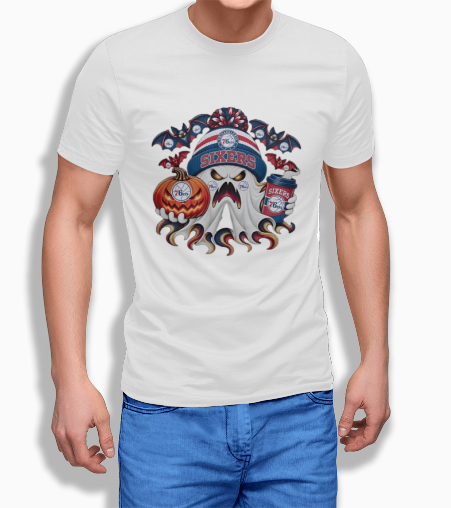 Philadelphia 76ers Spooky Ghost Halloween Coffee Pumpkin Bats T-Shirt