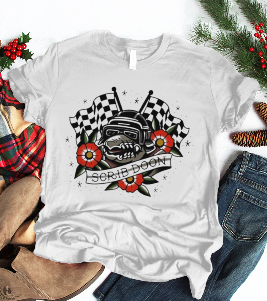 Scrib Doon Traditional Tattoo Racing Checkered Flags And Flowers T-Shirt