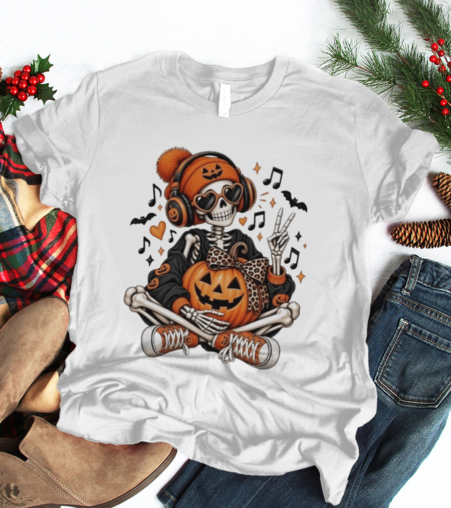 Skeleton In Pumpkin Beanie With Headphones Heart Sunglasses And Peace Sign T-Shirt
