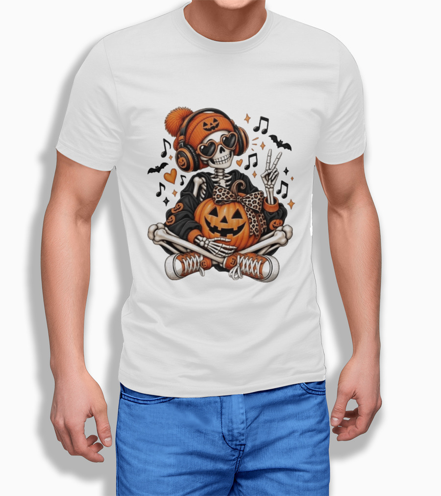 Skeleton In Pumpkin Beanie With Headphones Heart Sunglasses And Peace Sign T-Shirt