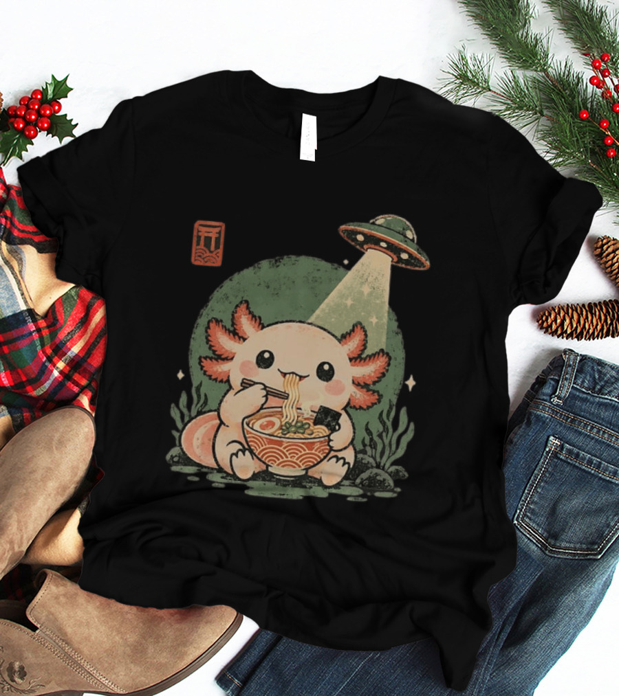 Axolotl Enjoying Ramen Under UFO Light With Japanese Distressed T-Shirt