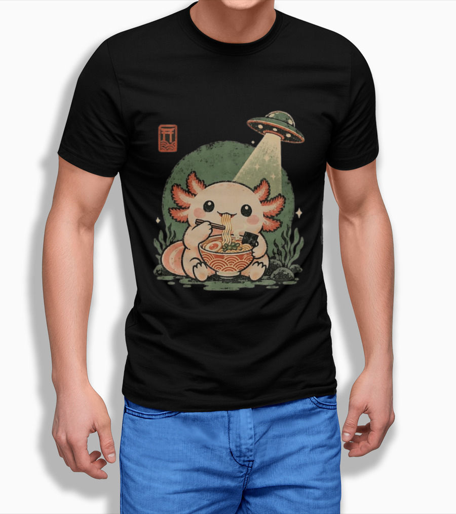 Axolotl Enjoying Ramen Under UFO Light With Japanese Distressed T-Shirt