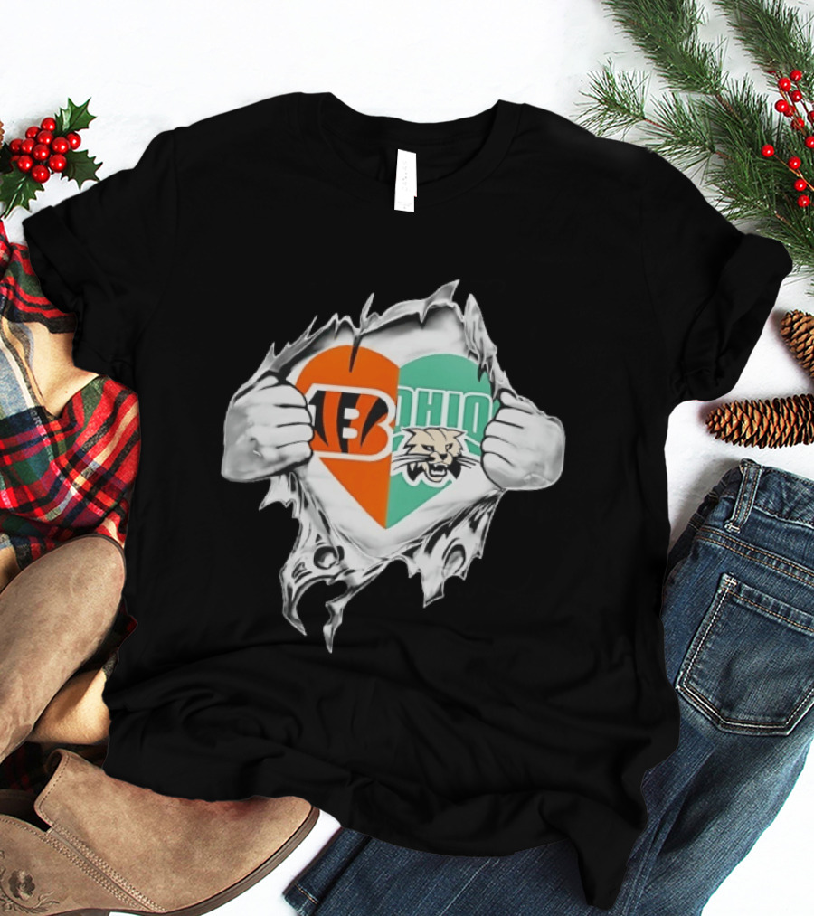 Cincinnati Bengals Ohio Bobcats Heart Superman Chest Rip T-Shirt