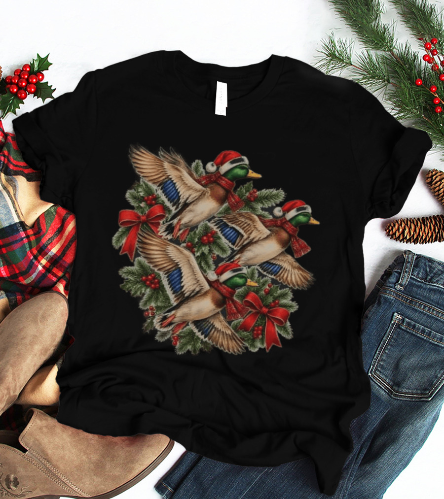 Flying Mallard Ducks With Santa Hats And Christmas Scarves In Festive Wreath T-Shirt