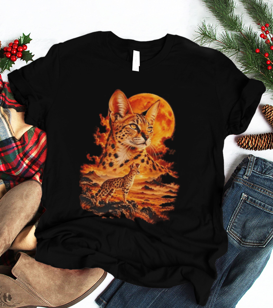 Serval Cat Majestic African Savannah Sunset Scene T-Shirt