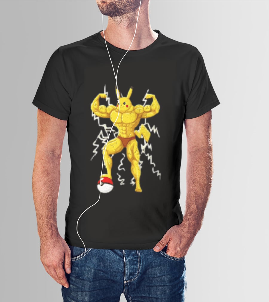 Pikachu Muscular Pokemon Character Flexing Lightning Power T-Shirt