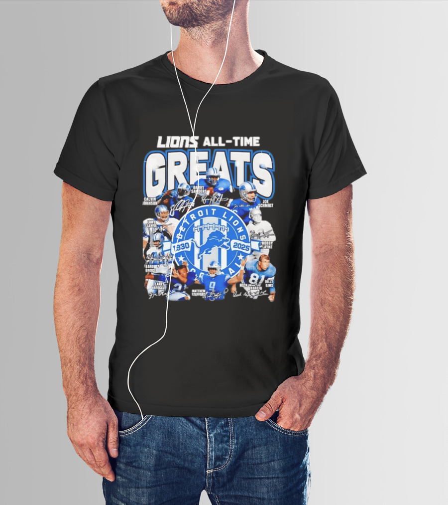 Detroit Lions All Time Greats Featuring Barry Sanders And Matthew Stafford T-Shirt