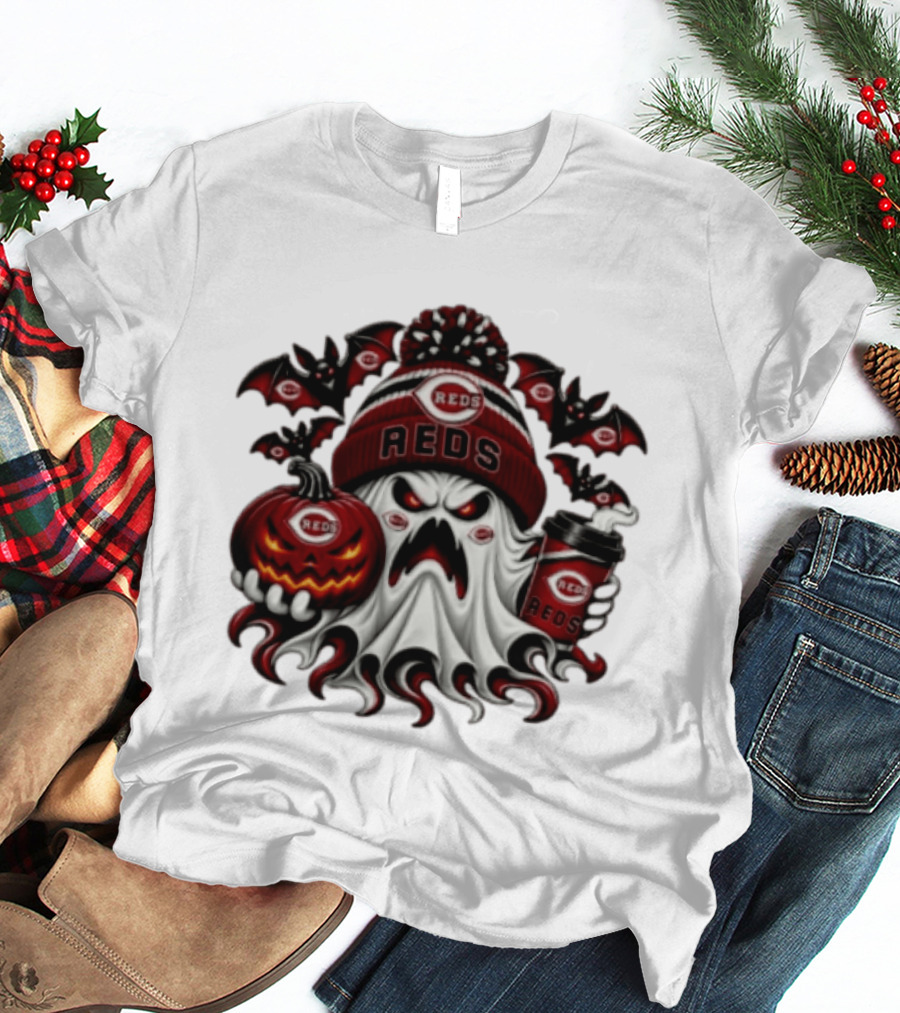 Ghost Pumpkin Cincinnati Reds Coffee Halloween Spooky 2026 Bats T-Shirt