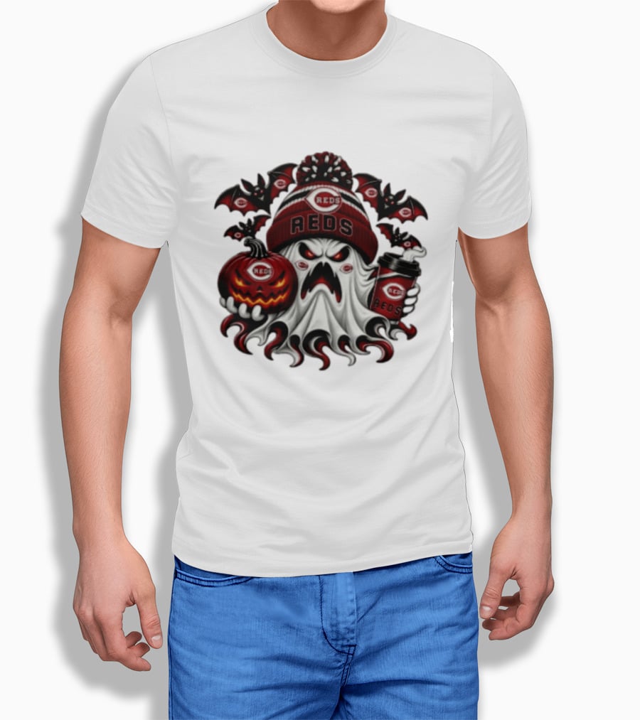 Ghost Pumpkin Cincinnati Reds Coffee Halloween Spooky 2026 Bats T-Shirt