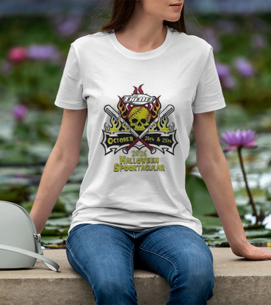 In The Net 2026 Halloween Spooktacular October 24th And 25th Skull Flames Crossed Bats T-Shirt