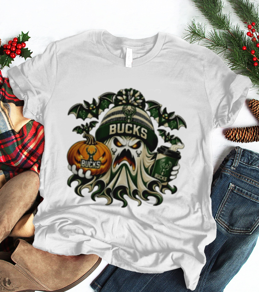 Milwaukee Bucks Spooky Ghost With Pumpkin And Coffee Halloween 2026 T-Shirt