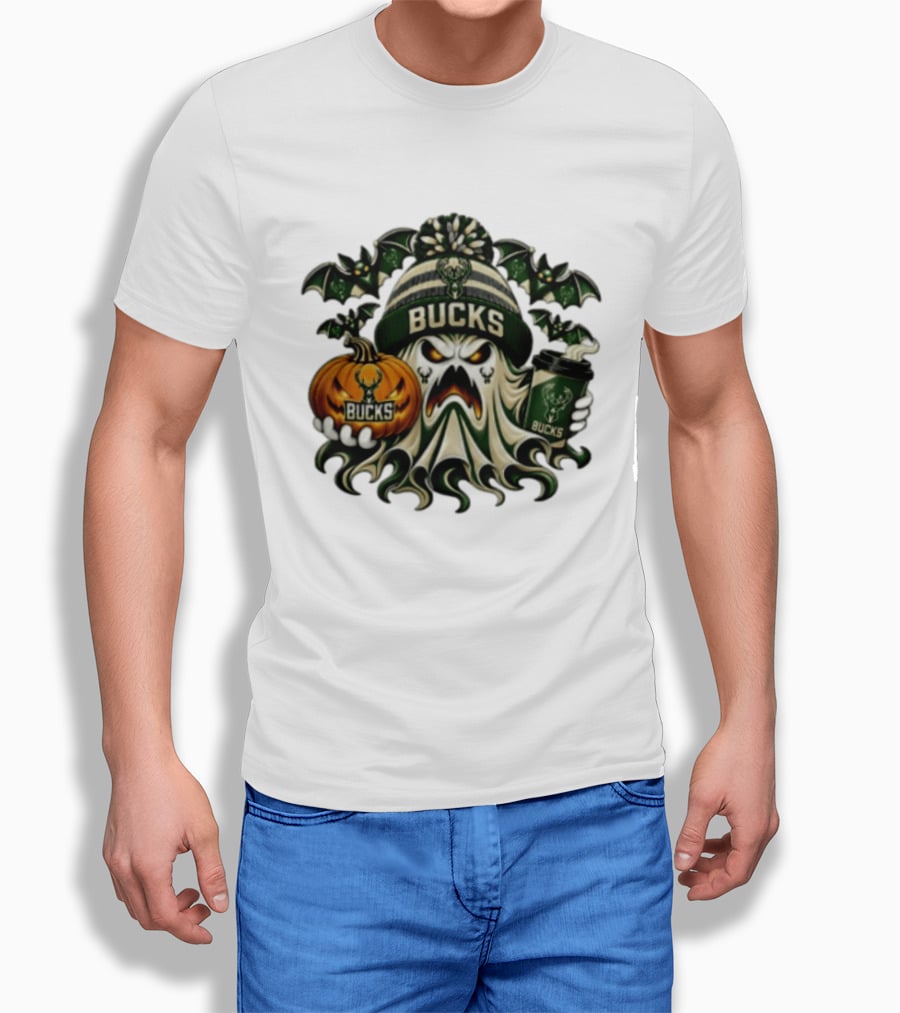 Milwaukee Bucks Spooky Ghost With Pumpkin And Coffee Halloween 2026 T-Shirt