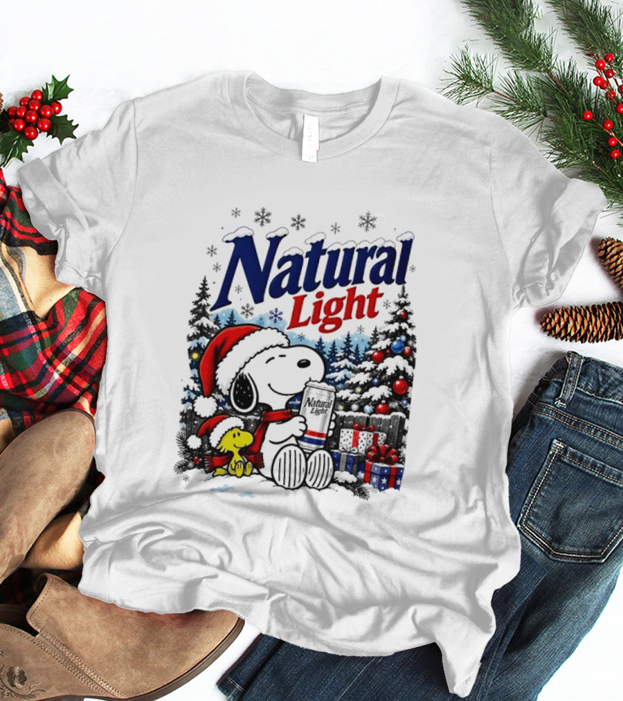 Snoopy Woodstock Santa Hat Natural Light Christmas Tree Presents T-Shirt