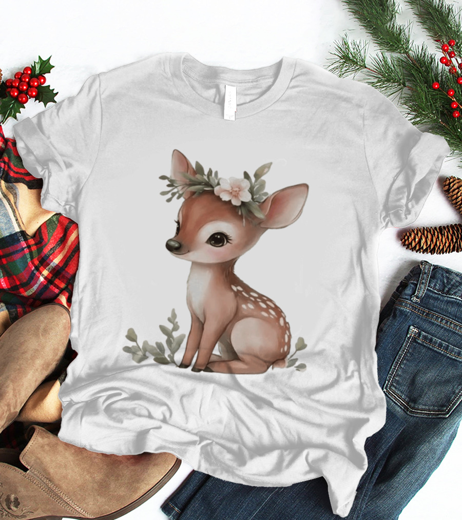 Cute Baby Deer Floral Crown Clipart T-Shirt