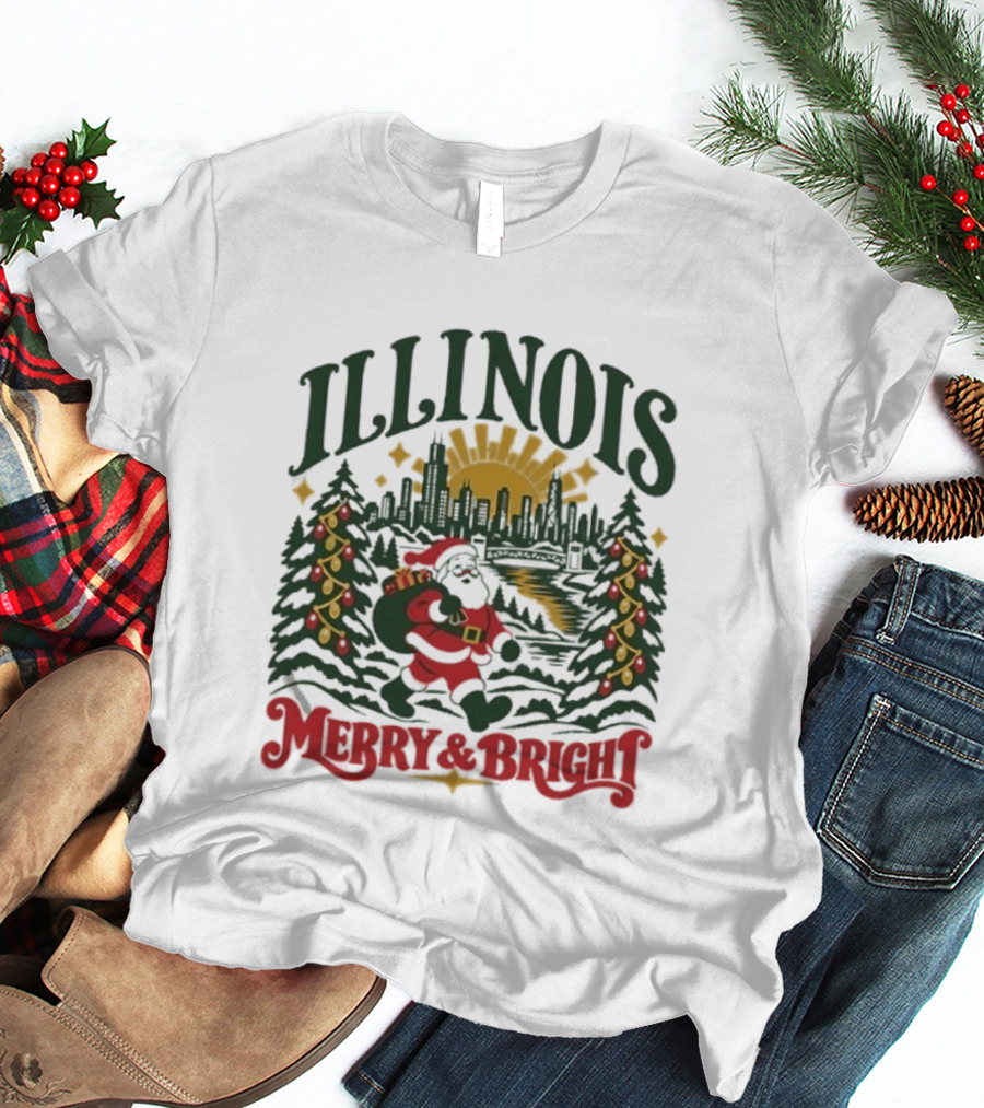 Illinois Merry And Bright Christmas Santa Skyline Forest 2026 T-Shirt