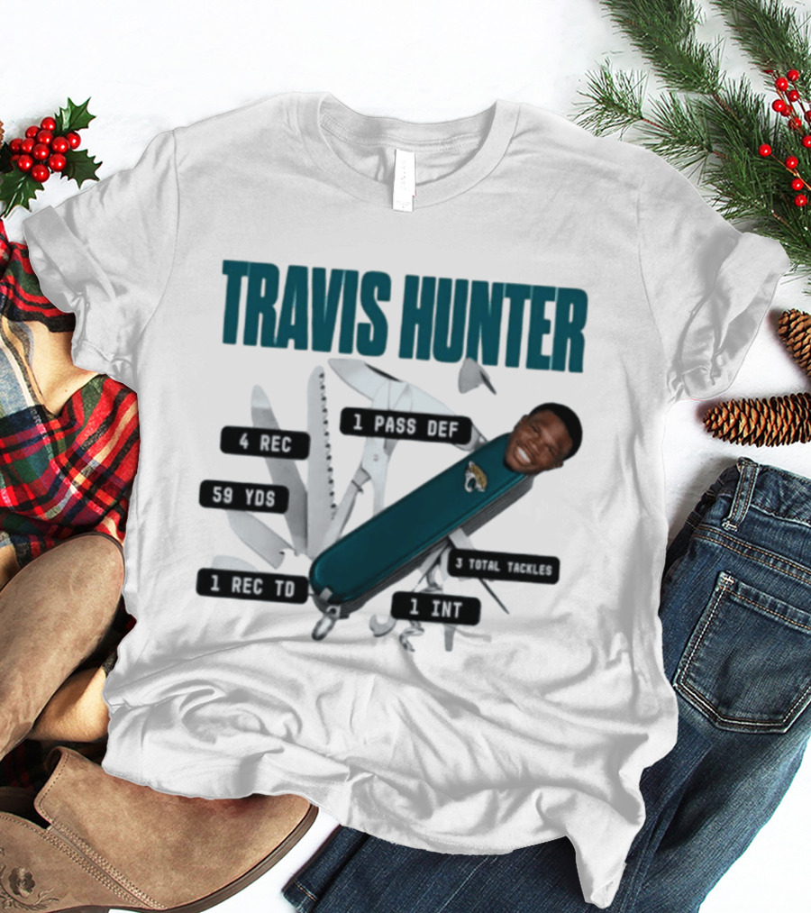 Travis Hunter Swiss Army Knife 4 REC 59 YDS 1 REC TD Jacksonville Jaguars T-Shirt