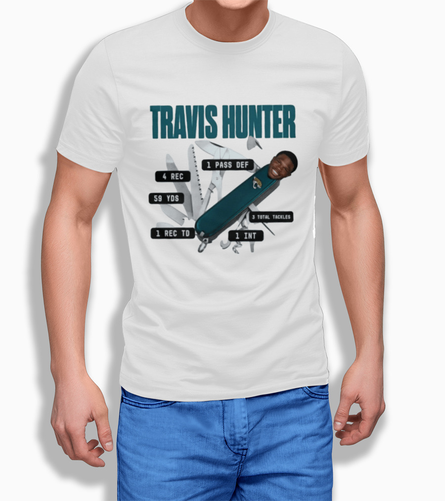 Travis Hunter Swiss Army Knife 4 REC 59 YDS 1 REC TD Jacksonville Jaguars T-Shirt