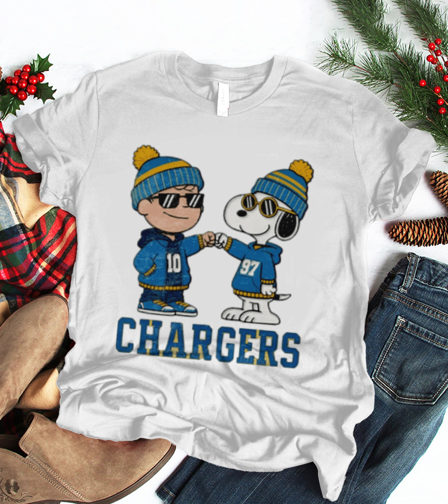 Los Angeles Chargers Charlie Brown Snoopy Fist Bump Blue Beanie Pom Pom T-Shirt