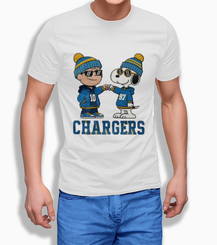 Los Angeles Chargers Charlie Brown Snoopy Fist Bump Blue Beanie Pom Pom T-Shirt