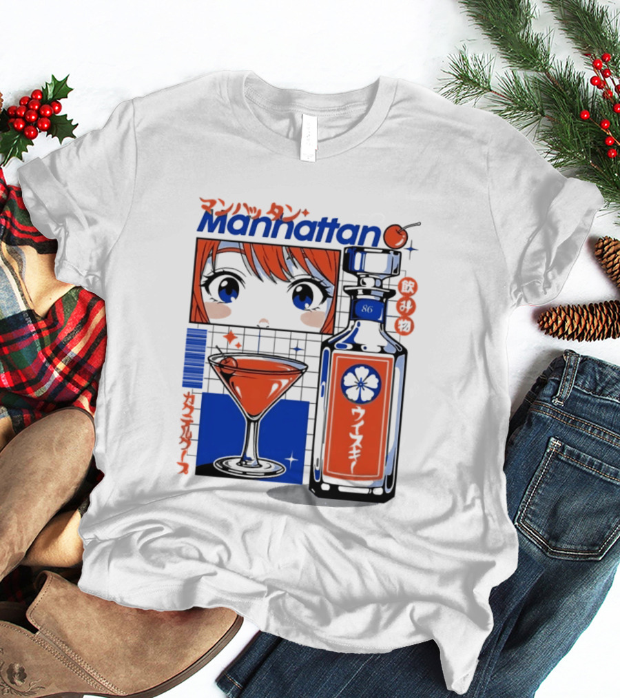 Manhattan Anime Style Whiskey Bottle With Cocktail And Cherry T-Shirt