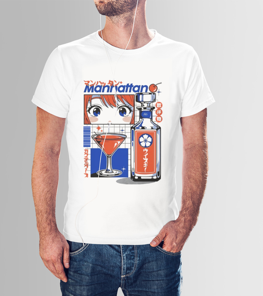 Manhattan Anime Style Whiskey Bottle With Cocktail And Cherry T-Shirt