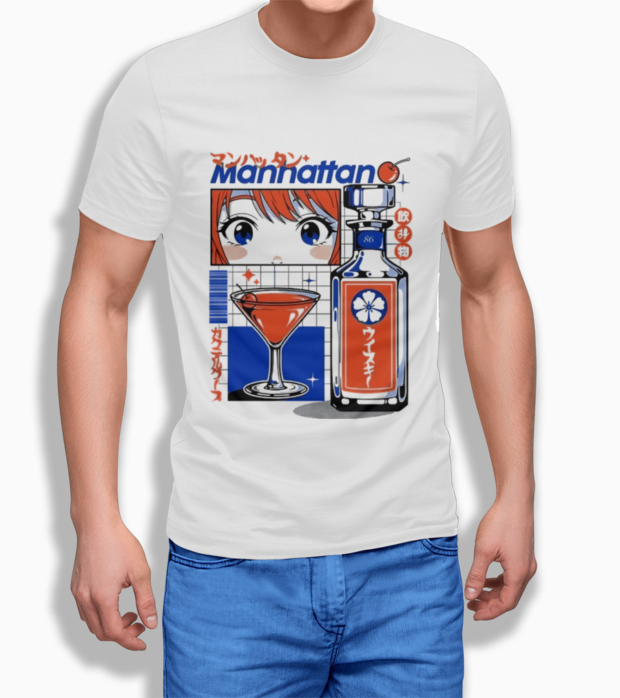 Manhattan Anime Style Whiskey Bottle With Cocktail And Cherry T-Shirt