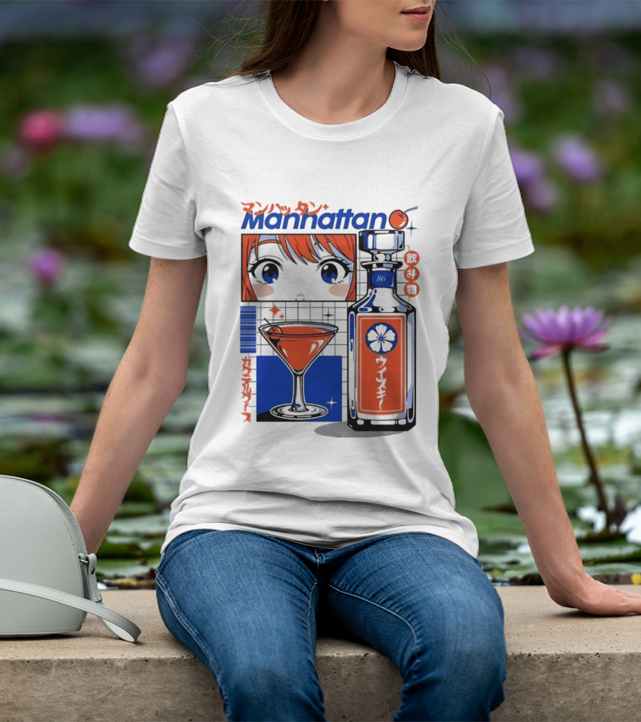 Manhattan Anime Style Whiskey Bottle With Cocktail And Cherry T-Shirt