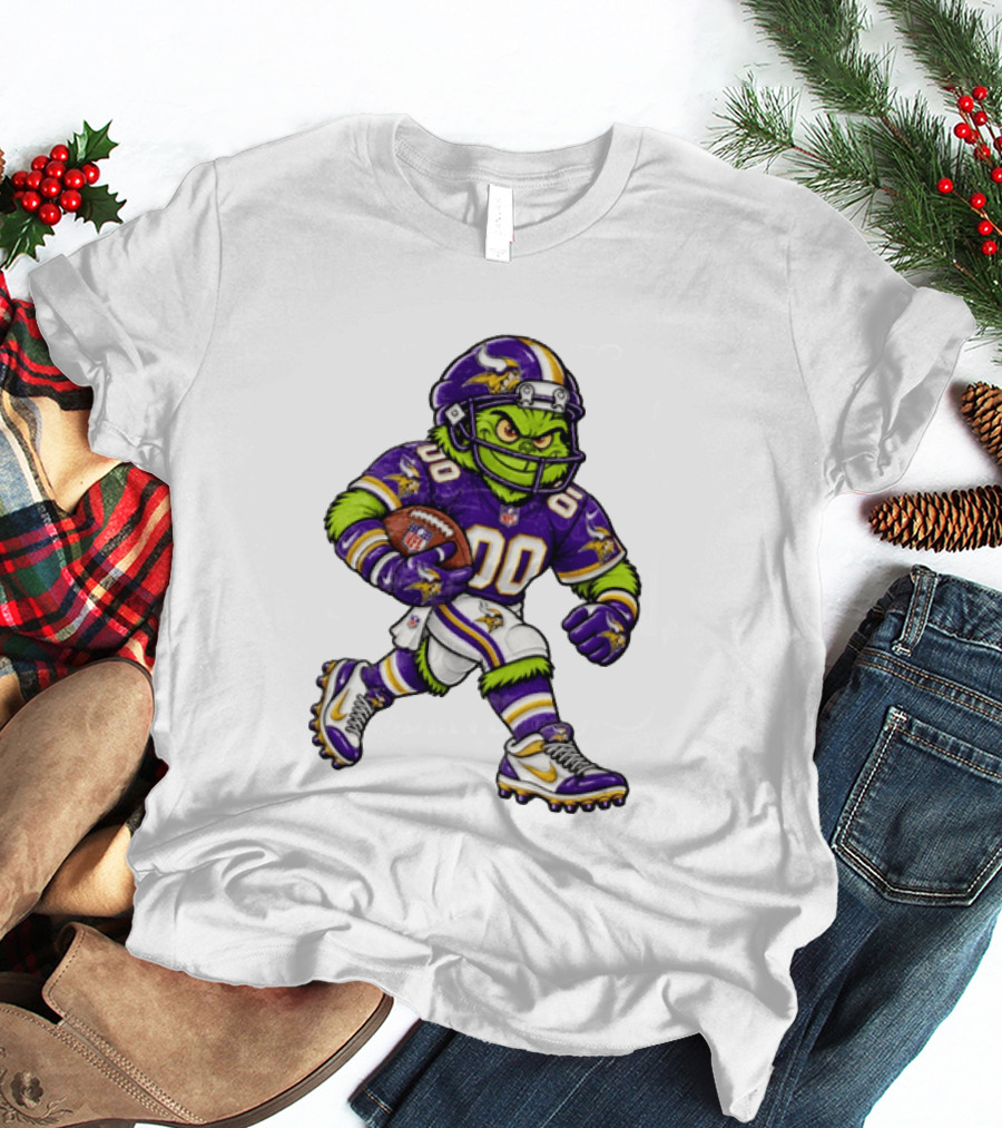 Minnesota Vikings Football Grinch Character Player In Team Uniform T-Shirt