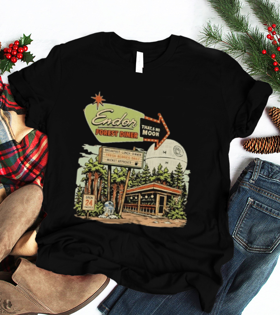 Endor Forest Diner Breakfast Lunch Dinner Moon Star Wars 24 Hours R2 D2 T-Shirt