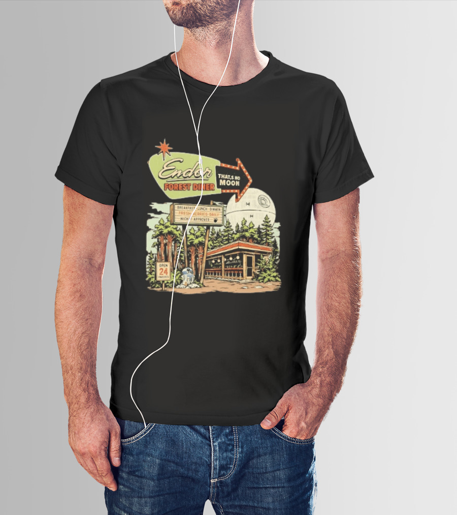 Endor Forest Diner Breakfast Lunch Dinner Moon Star Wars 24 Hours R2 D2 T-Shirt
