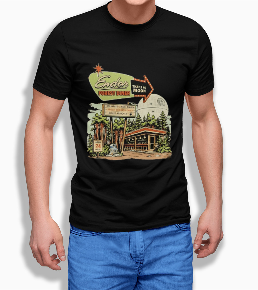 Endor Forest Diner Breakfast Lunch Dinner Moon Star Wars 24 Hours R2 D2 T-Shirt