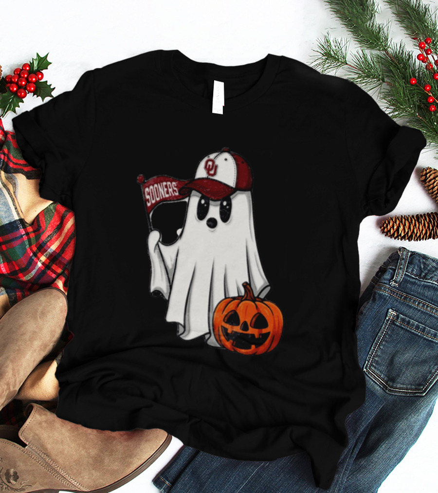 Oklahoma Sooners Ghost With Pumpkin Halloween Fan Gear T-Shirt