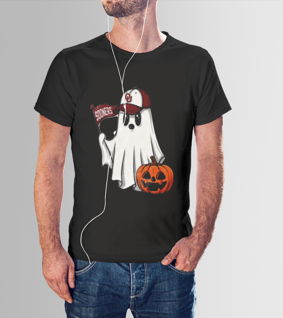 Oklahoma Sooners Ghost With Pumpkin Halloween Fan Gear T-Shirt